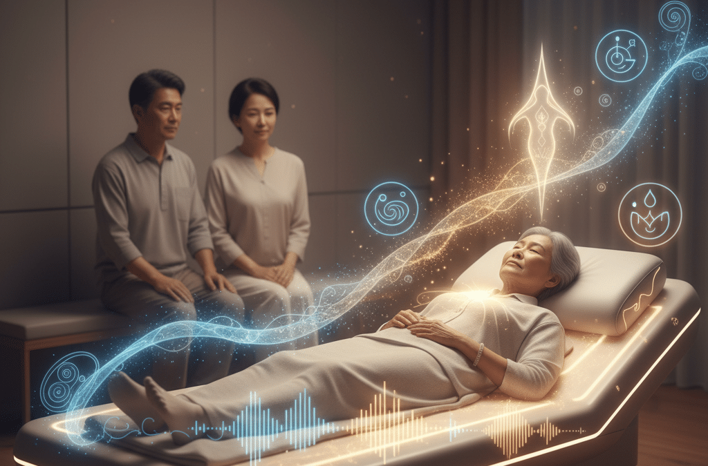 An elderly person receiving gentle, glowing vibroacoustic therapy, with a supporting couple nearby, illustrating pain relief, anxiety reduction, and spiritual peace in end-of-life transitions.