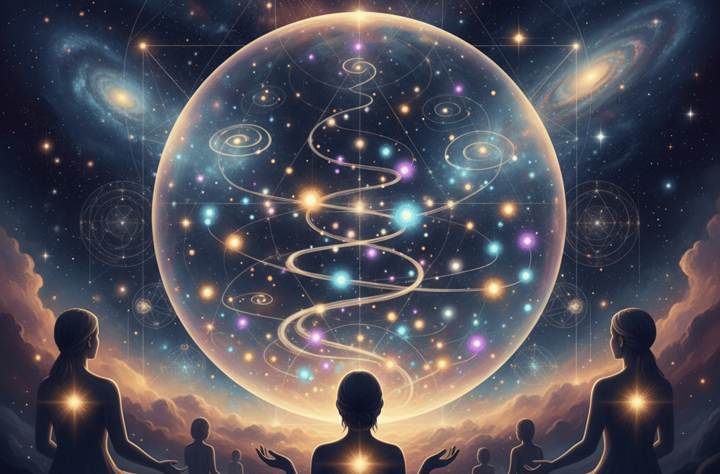 Illustration of people meditating under a cosmic sky, symbolizing sacred allowing, self-remembrance, and the beauty of witnessing each person’s healing journey.