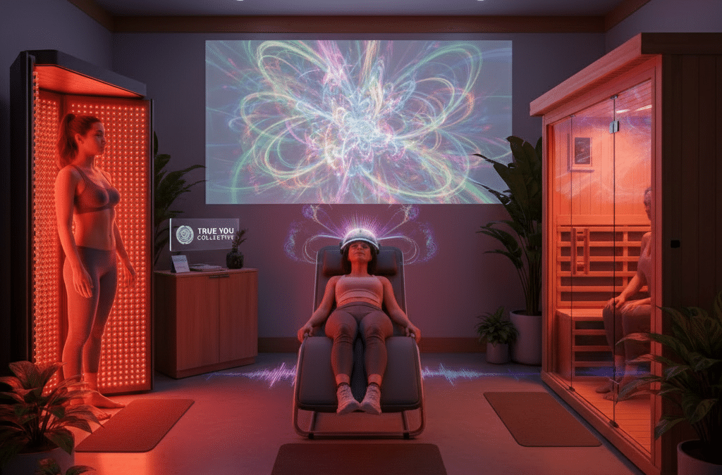 An abstract, vibrant image showing waves of red and gold light overlapping with rhythmic sound wave patterns, enveloping a central figure, symbolizing frequency-based healing calming a nervous system stuck in chronic pain and inflammation.