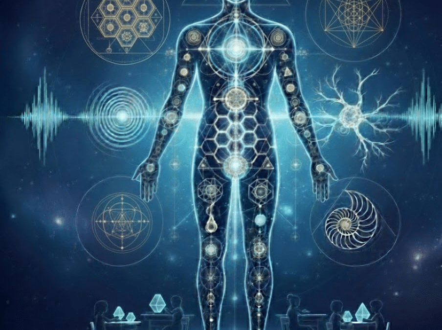 Illustration of human energy anatomy surrounded by sacred geometry patterns, symbolizing the connection between body, light, and natural design featured in “The Shapes Within Us” by True You Collective.