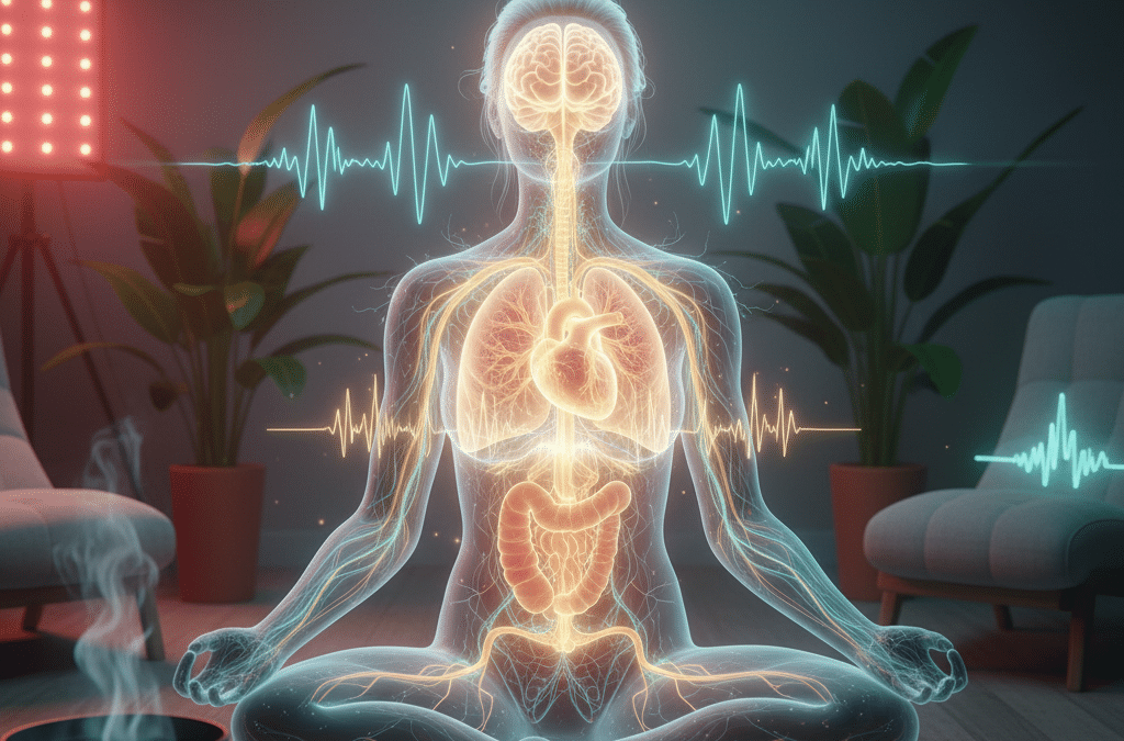 A glowing, translucent human figure in a meditative lotus position, showing the interconnectedness of the brain, heart, lungs, and digestive system, with prominent energy lines tracing the vagus nerve pathway. Sound waves pulsate around the figure, and a red light therapy panel is visible in the background, symbolizing holistic nervous system regulation.