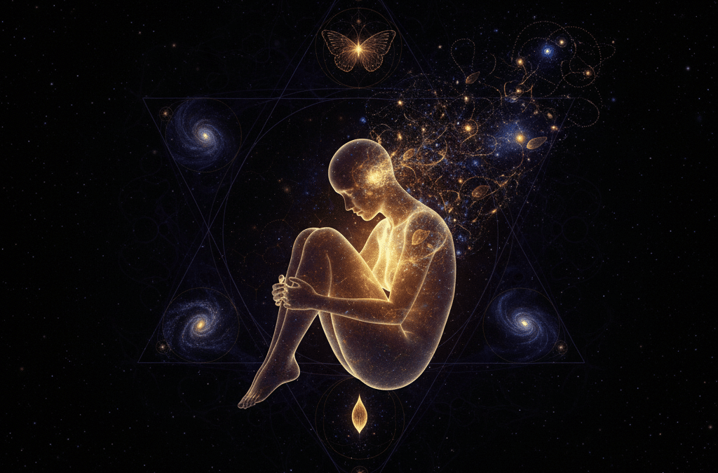 A deep blue and black abstract image of a glowing seed or cocoon suspended in a vast void, symbolizing the creative potential and necessary transformation that occurs in darkness and stillness.