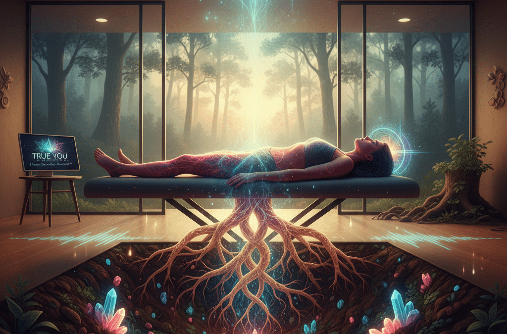 A woman lies on a treatment table, glowing with vibrant light frequencies, as roots extend from her body deep into the earth below. The earth is rich with glowing crystals and sound waves, while a forest scene is visible through large windows in the background, symbolizing inner grounding through nature-mimicking therapies.