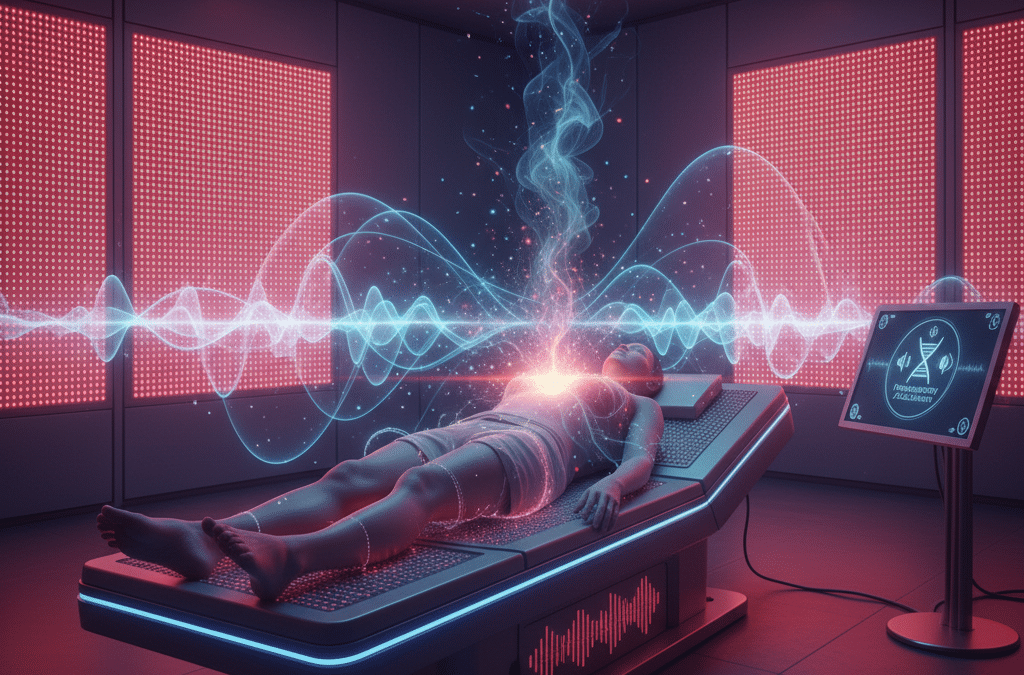 A person lies on a futuristic treatment bed, bathed in red light from surrounding panels, with glowing blue and pink energy waves emanating from their body and extending through the room. Sound wave patterns are visible on the bed and an adjacent screen, symbolizing the synergy of red light and vibroacoustic therapy for deep pain relief and nervous system recalibration.