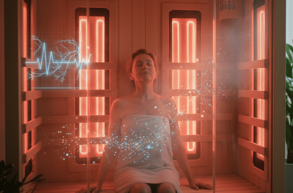 A woman relaxing comfortably in a high-tech wellness chair with red light and energy fields, symbolizing the reduction of chronic fatigue and inflammation through infrared heat therapy.