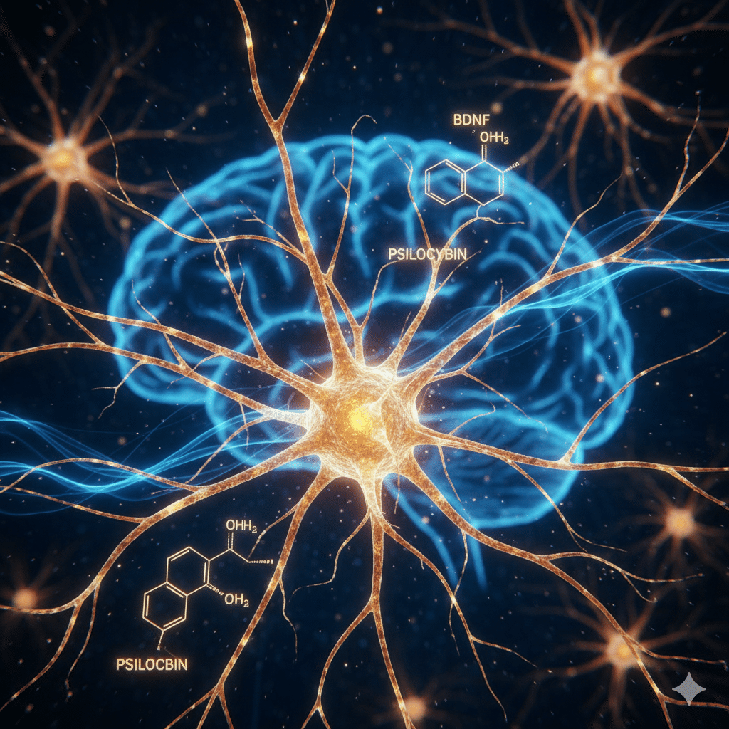 A detailed scientific illustration showing a glowing neuron, a brain, and the chemical structures of psilocybin, psilocin, and BDNF, representing neuroplasticity and cellular healing.