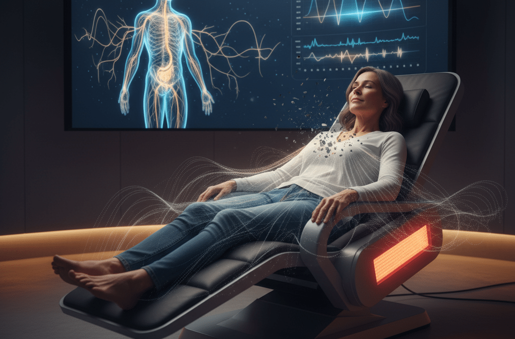 A woman experiences a nervous system reboot therapy in a zero-gravity chair, with a holographic display of the human nervous system and biofeedback data, illustrating the science of calm.