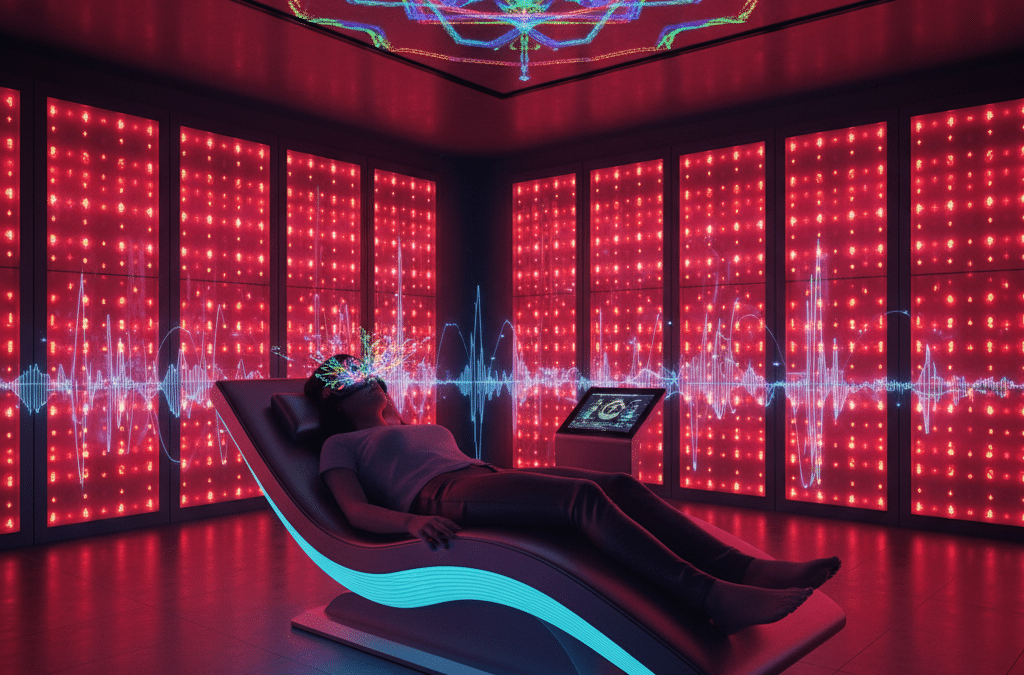 A person lies comfortably on a futuristic treatment chaise in a dimly lit room, surrounded by panels glowing with red light therapy. Above them, an intricate, colorful geometric light pattern is projected onto the ceiling, while subtle sound waves emanate from the chair, illustrating a non-psychedelic path to altered states of consciousness.