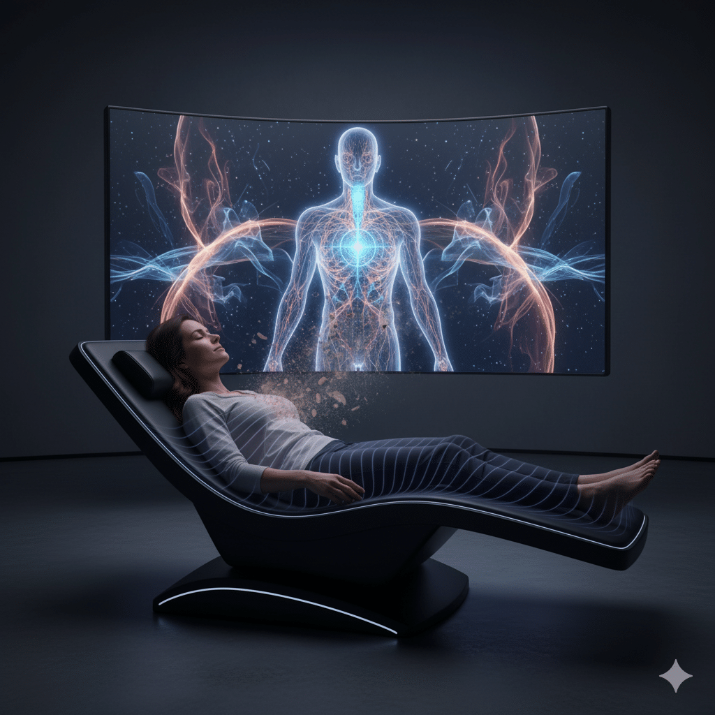 A woman experiences vibroacoustic therapy, deeply relaxed in a high-tech sound lounge as holographic visuals illustrate the release of tension and activation of the nervous system.