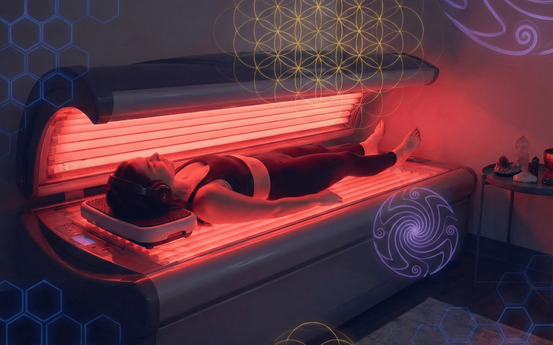 A woman lies inside a red light therapy bed wearing headphones, surrounded by overlays of sacred geometry and technodelic patterns, symbolizing the fusion of light, frequency, and perception-based healing.