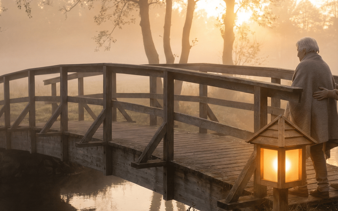 An elderly woman wrapped in a blanket stands at sunrise on a wooden bridge, accompanied by a supportive hand on her back, with a warm lantern glowing beside a sign reading “True You Collective, Arvada, CO.”