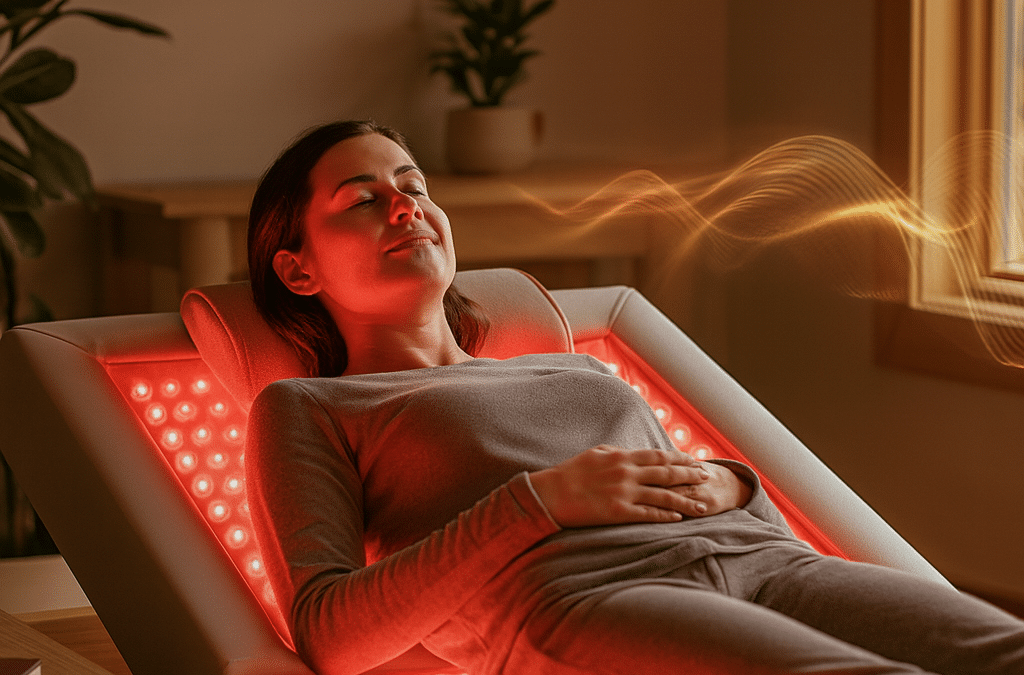 A woman relaxing on a red light therapy bed in a warm, peaceful room surrounded by soft lighting and plants.