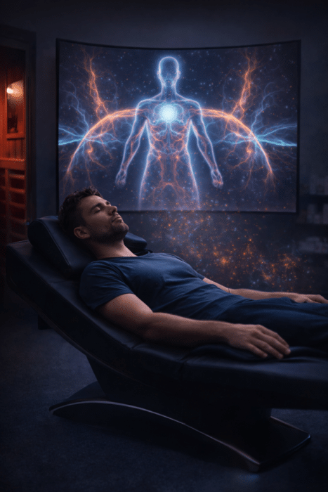 A woman experiences vibroacoustic therapy, deeply relaxed in a high-tech sound lounge as holographic visuals illustrate the release of tension and activation of the nervous system.
