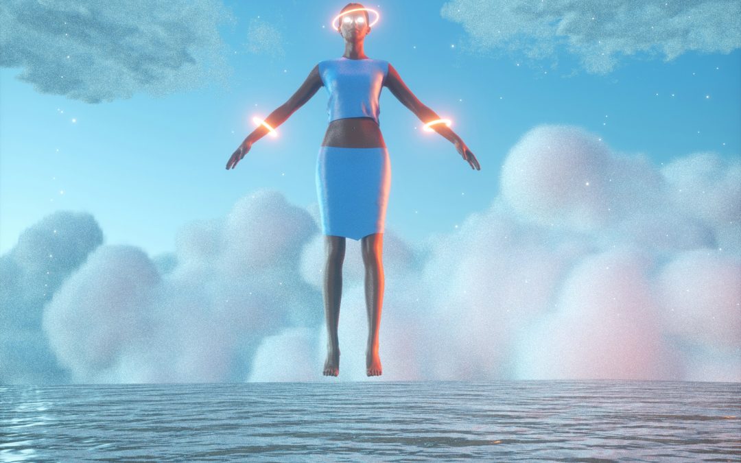 A futuristic figure levitating above calm water with glowing rings around the head and arms, surrounded by pastel clouds and a bright blue sky.